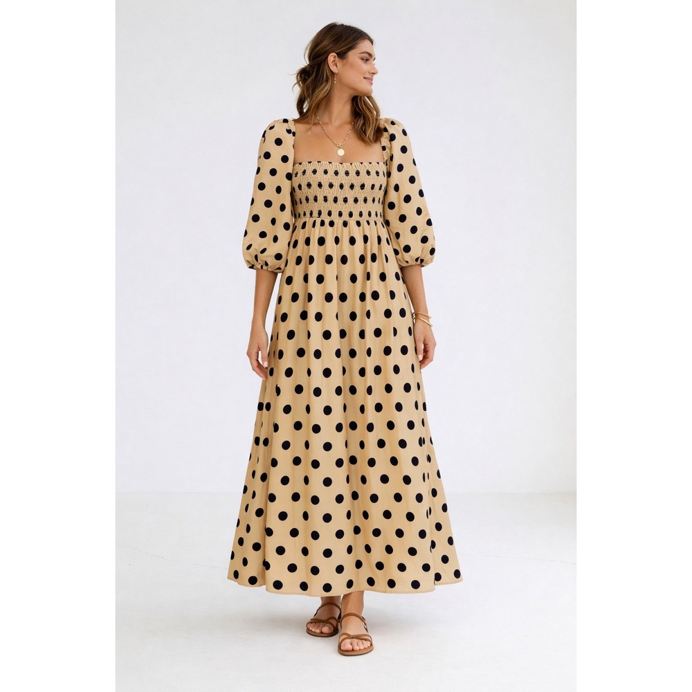 Faithfull The Brand Brisa Emelda Tan Black Polka Dot Smocked Maxi Dress Size S